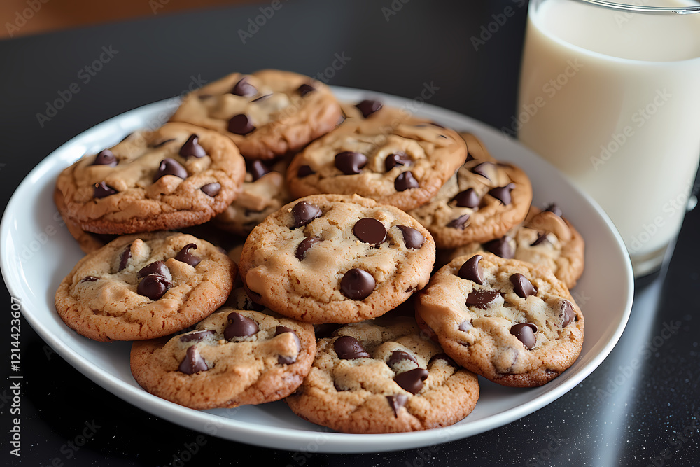 A plate of homemade chocolate chip cookies with a glass of milk, symbolizing nostalgia and sweetness A plate of homemade chocolate chip cookies with a glass of milk, symbolizing nostalgia and sweetness