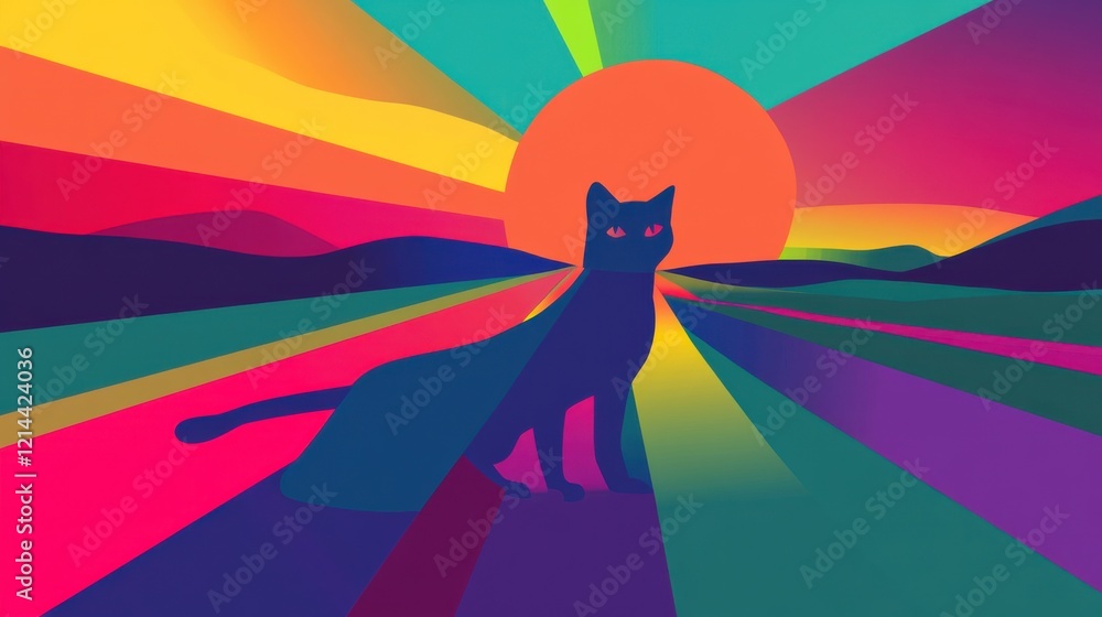 Naklejka premium Colorful Cat Silhouette in Vibrant Landscape