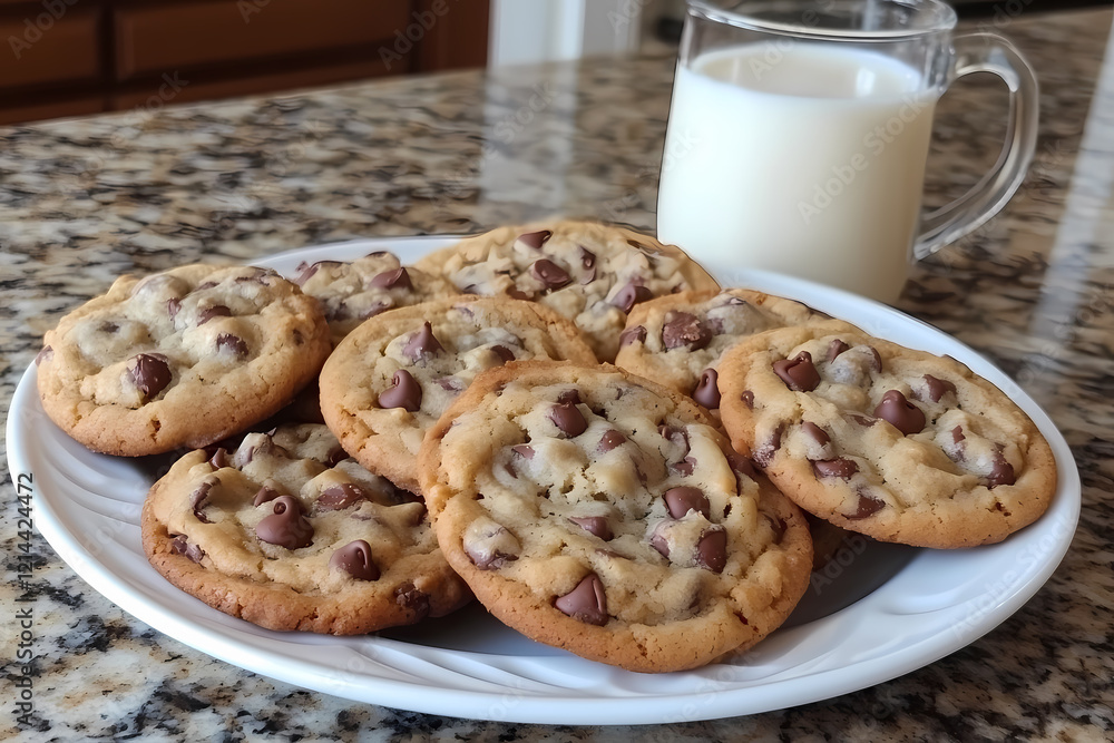 A plate of homemade chocolate chip cookies with a glass of milk, symbolizing nostalgia and sweetness A plate of homemade chocolate chip cookies with a glass of milk, symbolizing nostalgia and sweetness