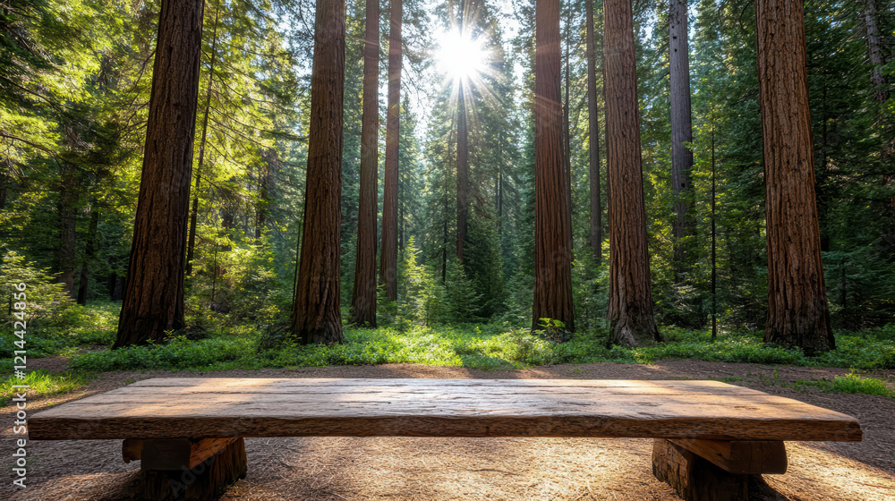 serene wooden bench in sunlit sequoia grove surrounded by tall trees