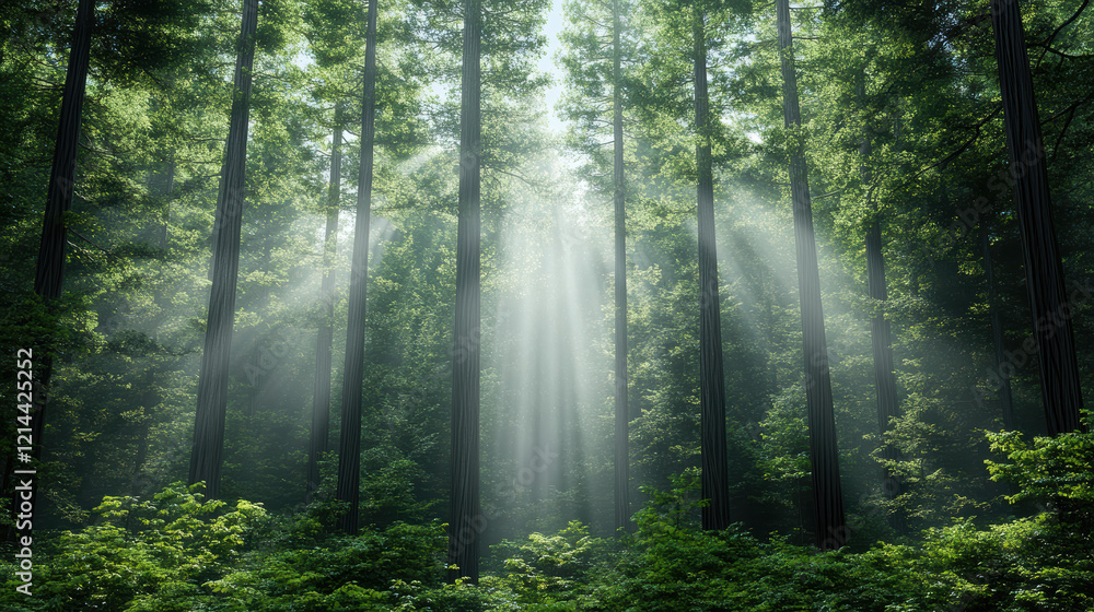 Obraz premium Majestic sequoia grove with gentle mist and sunlight filtering through trees