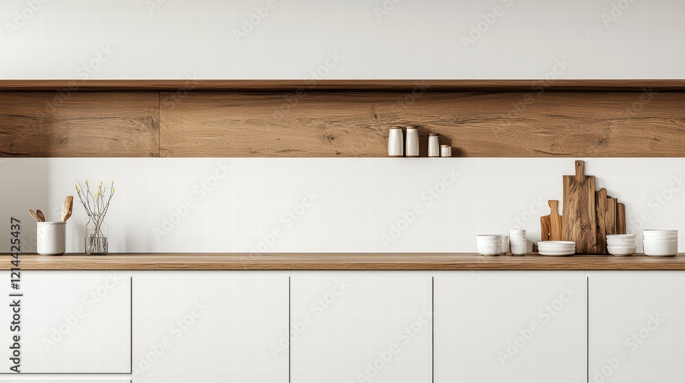 Modern Kitchen Design: Clean lines and a minimalist aesthetic define this contemporary kitchen, featuring a sleek white cabinetry contrasted by warm wood shelving and countertops. Modern Kitchen Design: Clean lines and a minimalist aesthetic define this contemporary kitchen, featuring a sleek white cabinetry contrasted by warm wood shelving and countertops.