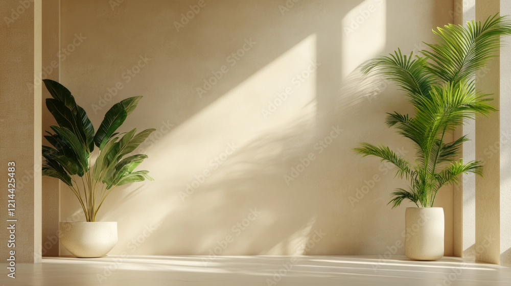 Minimalist office space with smooth beige plaster walls and green plants. natural light creates serene atmosphere, enhancing beauty of indoor greenery Minimalist office space with smooth beige plaster walls and green plants. natural light creates serene atmosphere, enhancing beauty of indoor greenery
