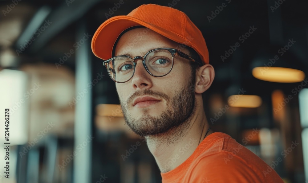 confident man wearing orange cap and glasses, showcasing stylish look in modern environment. His expression reflects determination and focus, perfect for professional setting confident man wearing orange cap and glasses, showcasing stylish look in modern environment. His expression reflects determination and focus, perfect for professional setting