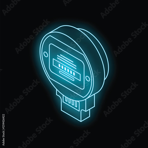 Neon isometric electric meter measuring energy consumption, glowing on a black background