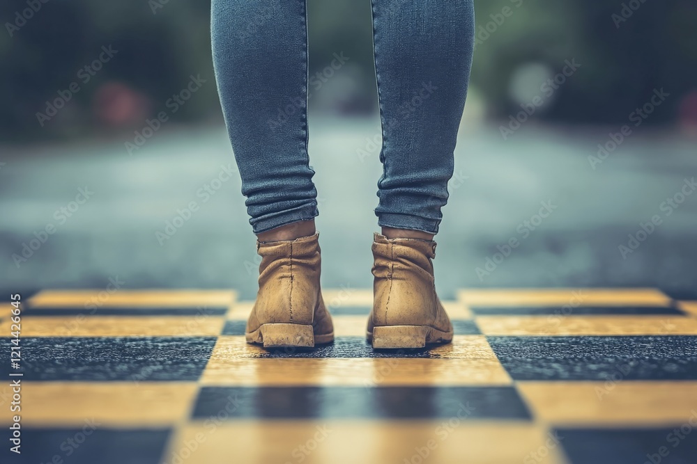 Fototapeta premium Person standing on a checkered crosswalk wearing brown boots and blue jeans on a rainy day