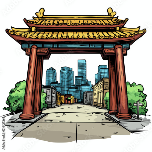 Vector comic hand-drawn illustration of Chinatown gate. Chinatown gate in New York