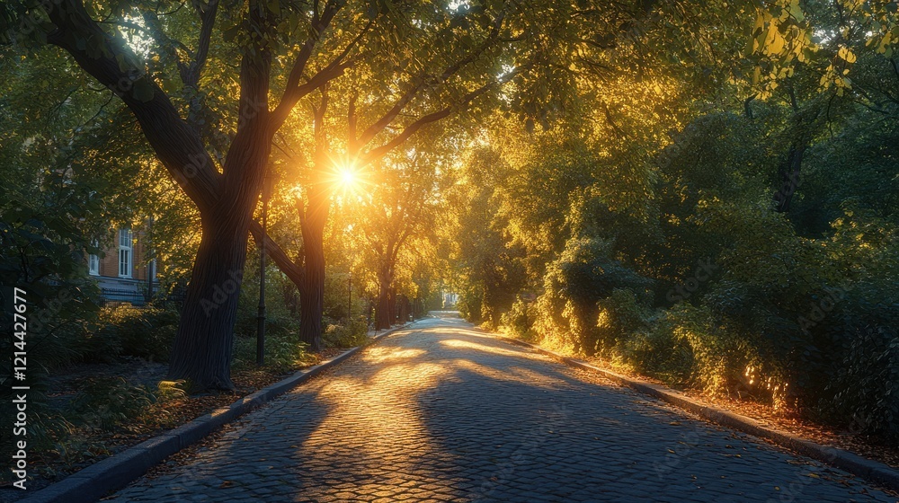 Obraz premium Sunlit autumn park path, sunrise, cobblestones, foliage, tranquil scene, travel