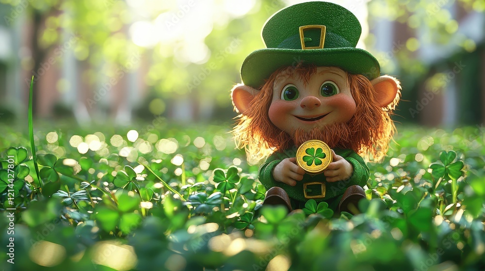 Cheerful Leprechaun with Golden Coin Surrounded by Lucky Clover and Wearing a Green Hat in a Sunny Setting Cheerful Leprechaun with Golden Coin Surrounded by Lucky Clover and Wearing a Green Hat in a Sunny Setting