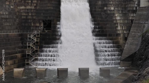 Medium view of water flowing through the Hinze Dam overflow and dam steps due to ongoing heavy rains in the Gold Coast Hinterland photo