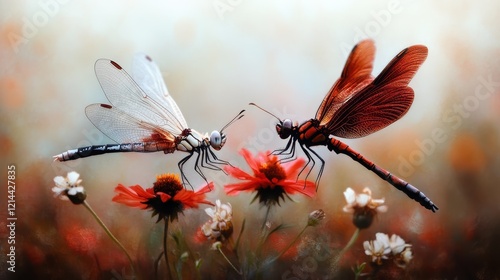 An enchanting moment captured with two vibrant dragonflies perched on blooming flowers, showcasing the intricate beauty and delicacy of nature's creations.
