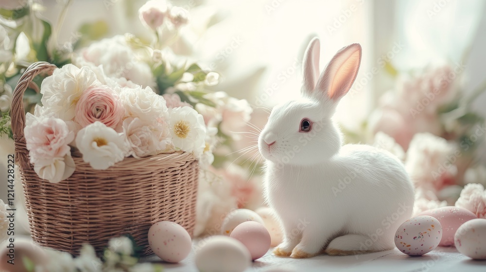 Easter Bunny with Flowers and Painted Eggs Easter Bunny with Flowers and Painted Eggs