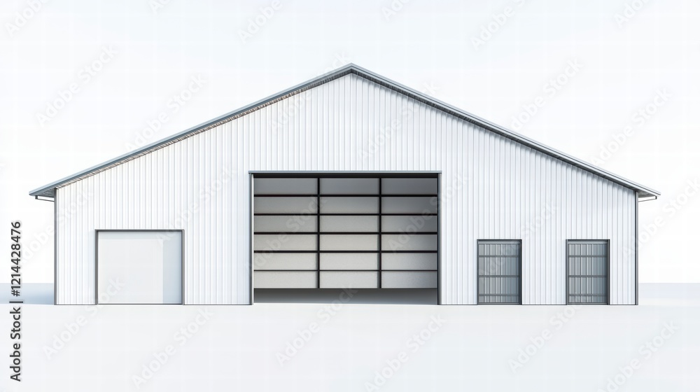 Obraz premium Modern Industrial Building: A sleek and contemporary industrial building with a large overhead door, showcasing its efficient design and practical functionality. 
