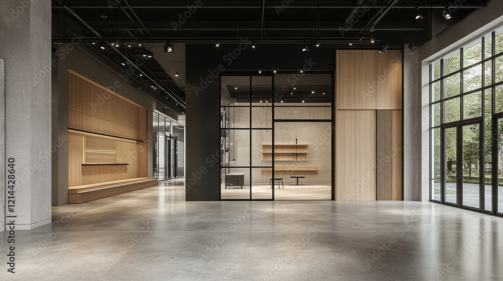 Modern office layout with open glass partitions and wooden accents, featuring spacious and minimalist design. natural light enhances contemporary atmosphere Modern office layout with open glass partitions and wooden accents, featuring spacious and minimalist design. natural light enhances contemporary atmosphere