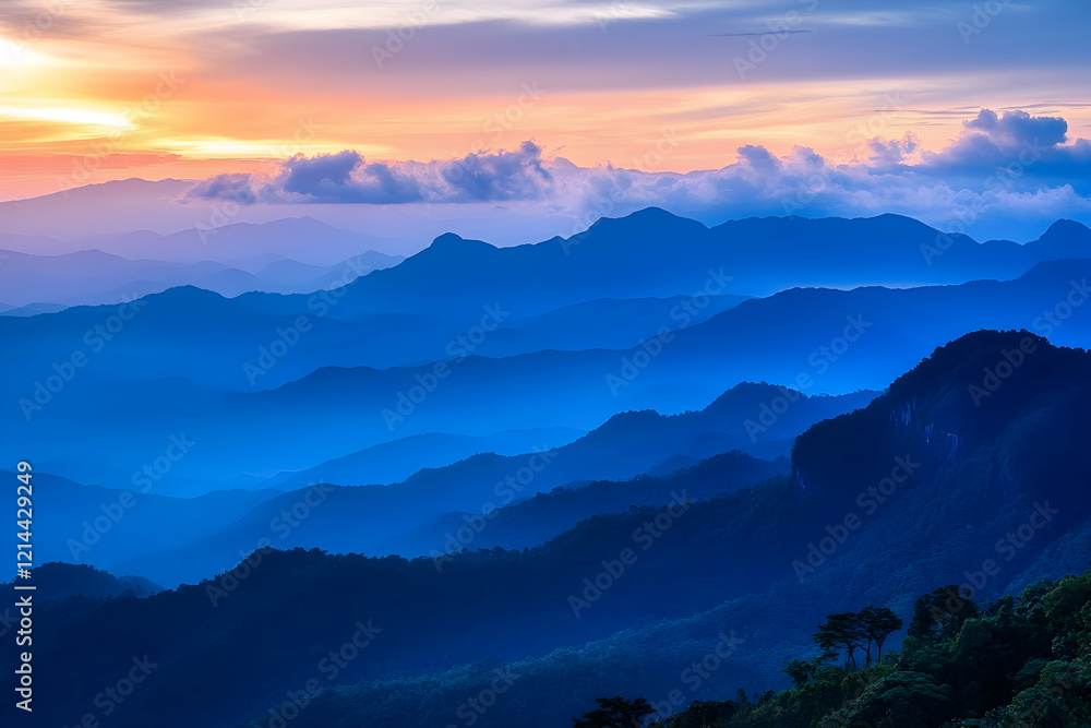 Obraz premium Vibrant sunset illuminates mountain ranges with layers of blue and orange hues near a tranquil valley