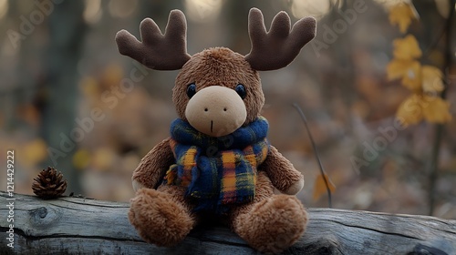 A plush moose with tiny antlers and a scarf sitting on a log