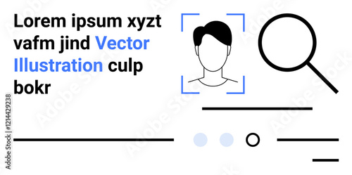 Headshot avatar inside a square frame, magnifying glass, placeholder text, lines, and shapes. Ideal for technology, search functionality, identification systems, user interfaces, web design, profile