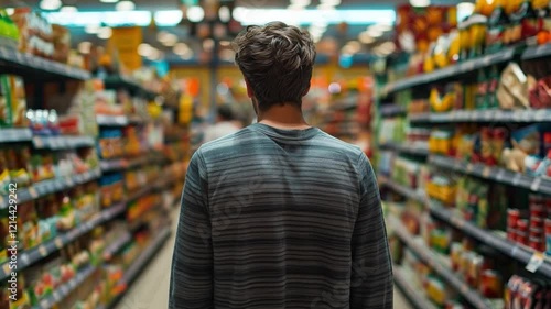 Wallpaper Mural This young person stands in a grocery store aisle, observing brightly colored food items on shelves. Torontodigital.ca