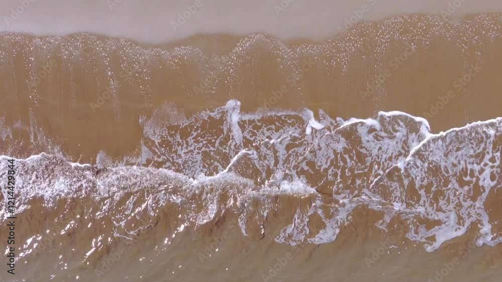 Aerial top down view of a golden sandy beach where gentle waves lap the shoreline, ideal for vacation, adventure, and tropical getaway vibes. Aerial top down view of a golden sandy beach where gentle waves lap the shoreline, ideal for vacation, adventure, and tropical getaway vibes.