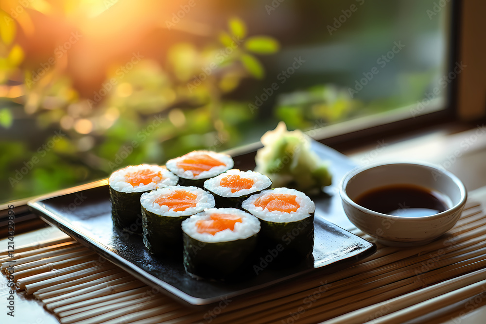 A vibrant sushi platter with fresh ingredients and soy sauce, symbolizing elegance and flavor