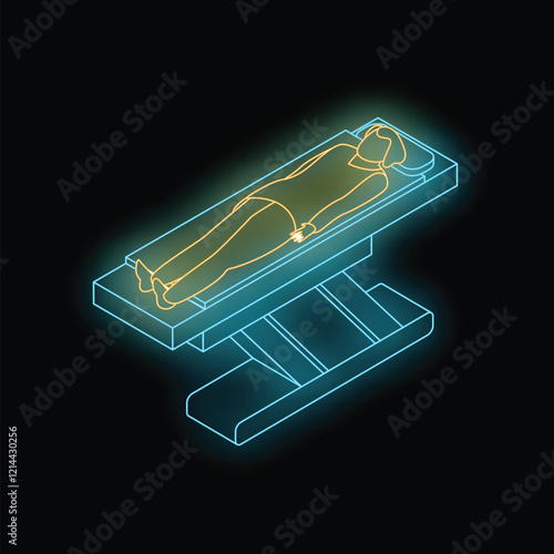 Neon style isometric illustration of a patient lying on a medical examination table