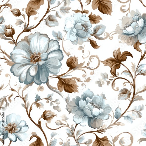 Elegant seamless floral pattern with light blue and brown flowers on white background.