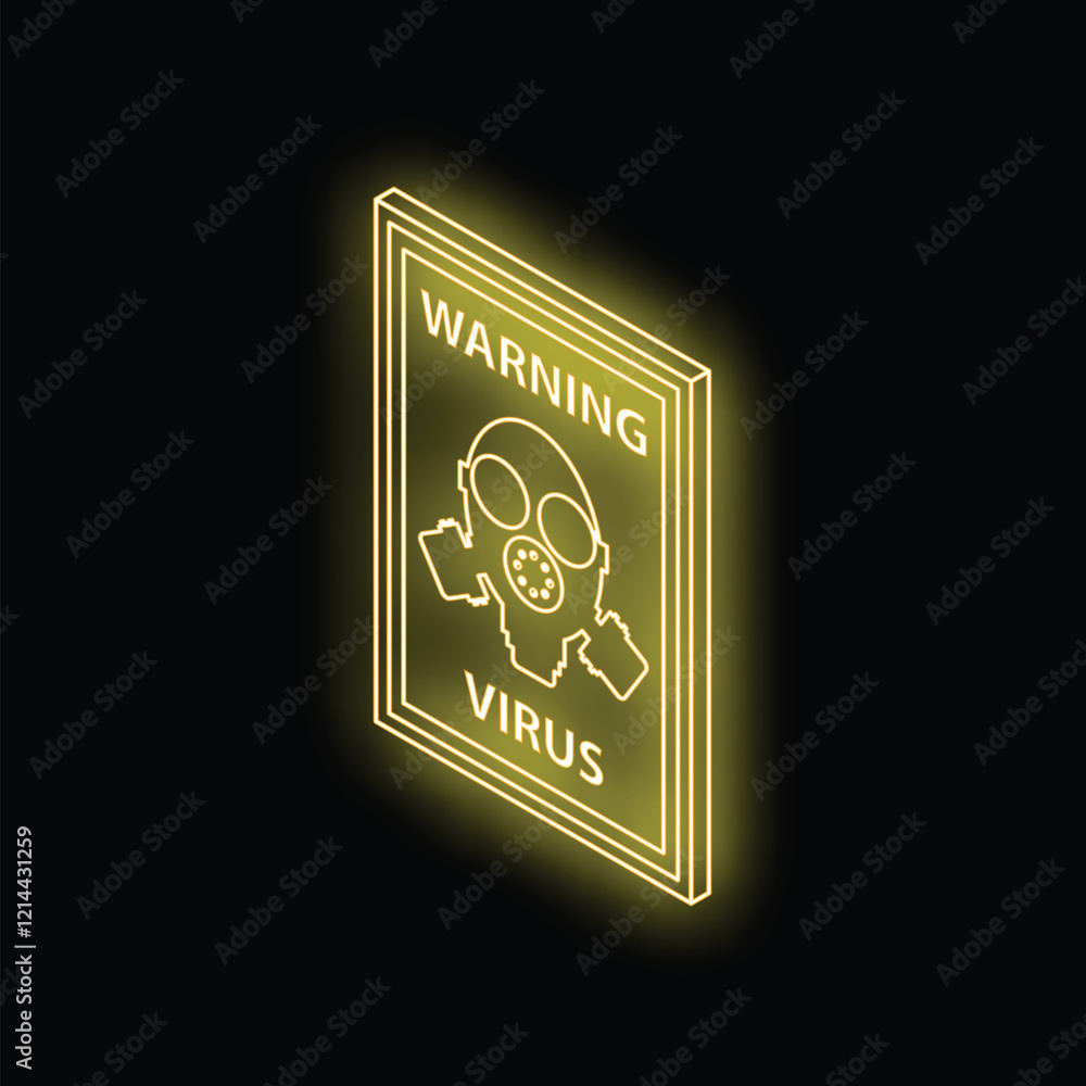 Neon warning virus sign with gas mask, representing danger, protection, and health safety measures Neon warning virus sign with gas mask, representing danger, protection, and health safety measures
