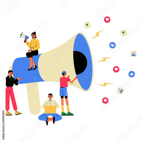 Team Around A Large Megaphone In Flat Vector Illustration Symbolizing Social Media Marketing, Promotion, And Digital Campaigns, Isolated On White Background