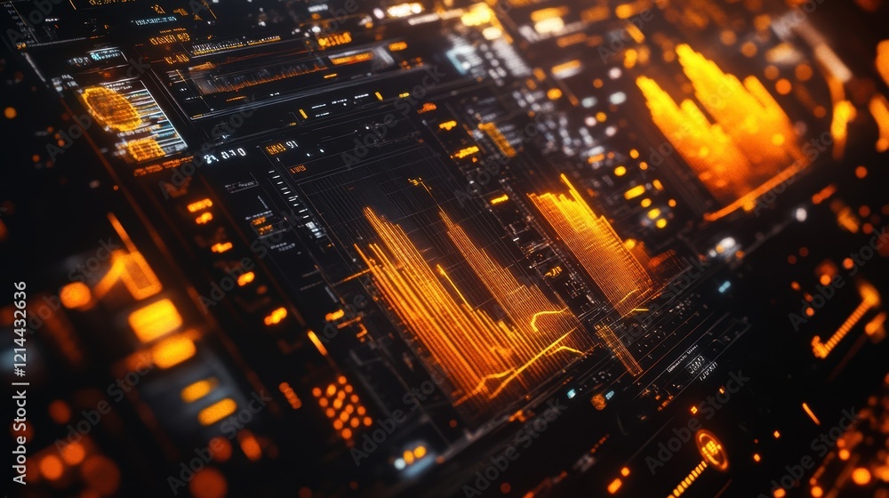Futuristic orange glowing lines represent data analysis and statistics on a complex digital interface, suggesting advanced technology and information processing Futuristic orange glowing lines represent data analysis and statistics on a complex digital interface, suggesting advanced technology and information processing