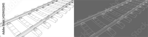 illustration of a railway track in an isometric perspective, with one side on a transparent background and the other on a dark gray background.