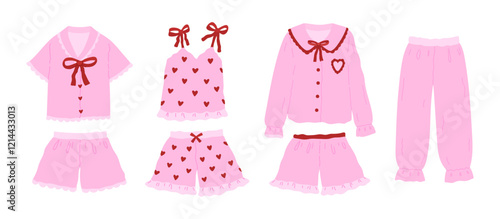 Set of cozy cute woman homewear. Coquette pink comfy pajamas, top, shirt, shorts, blouse, pants decorated red bows, hearts, beautiful collar. Vector flat illustration isolated on white background