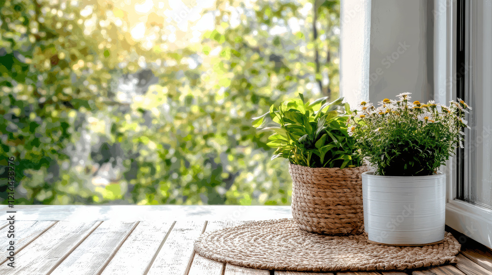 Fototapeta premium sunny terrace with potted plants and natural rug creates serene atmosphere