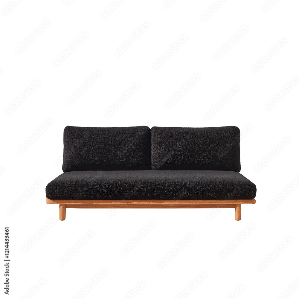 Fototapeta premium Modern black sofa with wooden legs, perfect for stylish interior design., isolated on a transparent background.