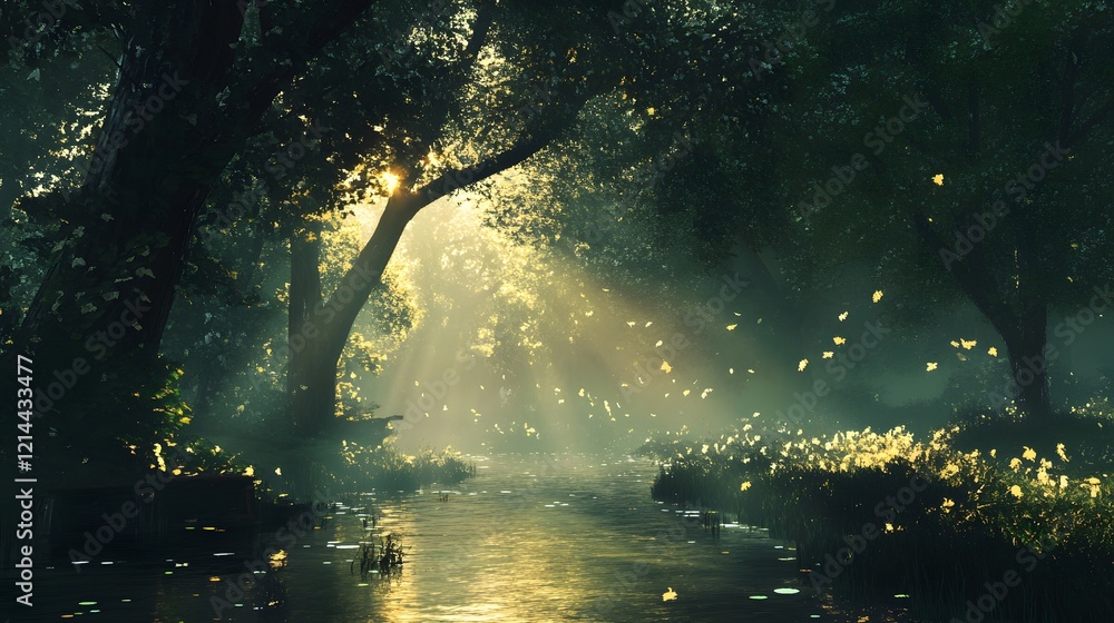 Obraz premium Magical Forest River Sunbeams Autumn Leaves Mystical Landscape