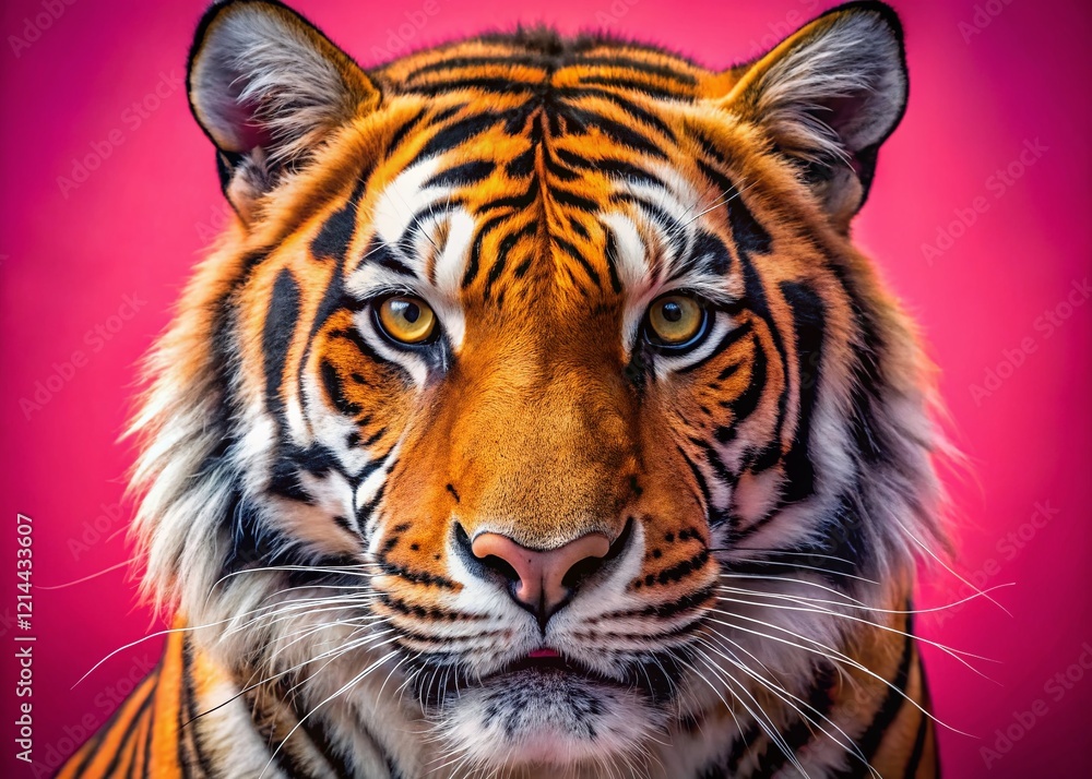 Obraz premium Majestic Bengal Tiger Head Close-Up, Pink Background - Drone Photography Stock Photo