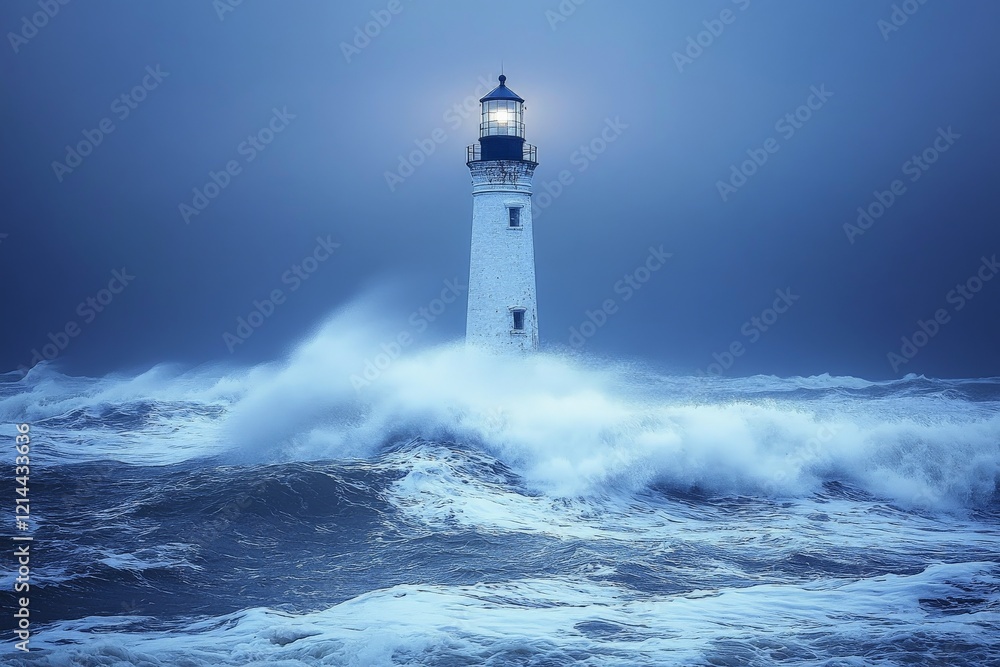 Lighthouse stands resolutely amidst turbulent ocean waves during a stormy evening on the coast Lighthouse stands resolutely amidst turbulent ocean waves during a stormy evening on the coast