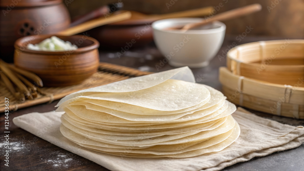 Handmade rice paper wraps stacked on cloth, with kitchen utensils in background Handmade rice paper wraps stacked on cloth, with kitchen utensils in background