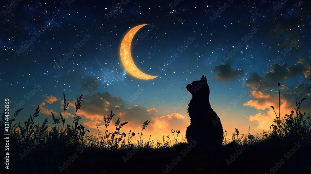 Nocturnal Serenity: A Silhouette of a Cat Gazing at a Crescent Moon Under a Starry Night Sky