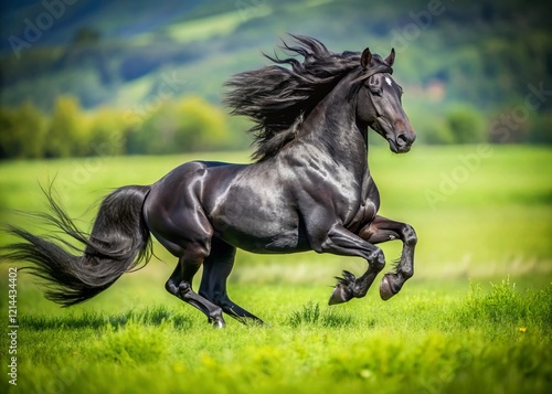 Majestic Black Friesian Stallion Galloping Across Lush Green Pasture - Stock Photo