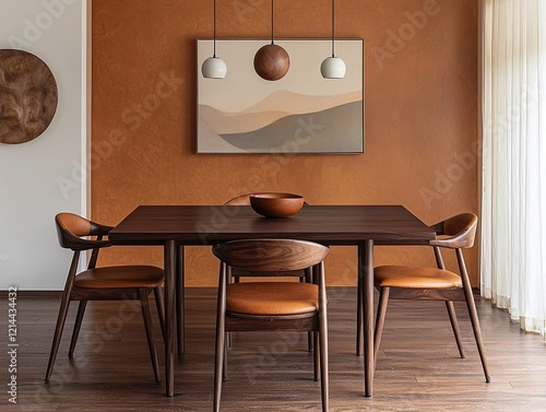 A modern minimalist interior design from a residential dining room with an art frame hanging in a brown tone finish and a wooden dining table and chair. Generative AI

