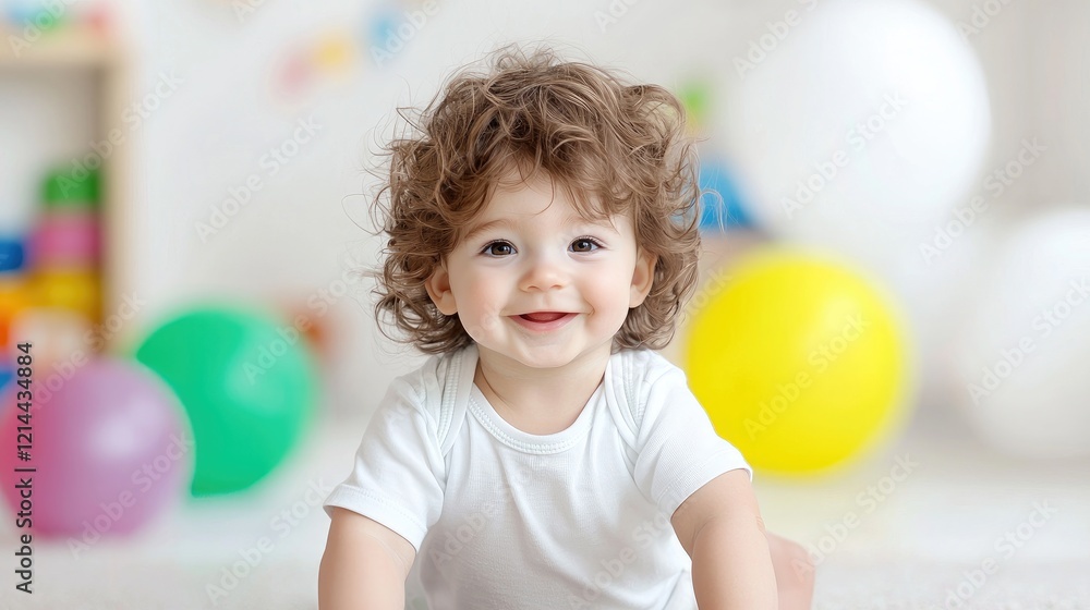 Happy toddler crawling, playroom background, child development Happy toddler crawling, playroom background, child development