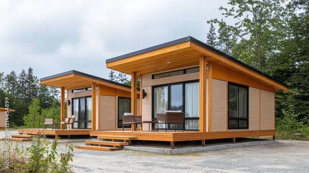 Fototapeta premium Modern Cabin Retreat: Two modern cabins with wooden exteriors and sleek design nestled amongst lush greenery. A picturesque setting for a tranquil escape.
