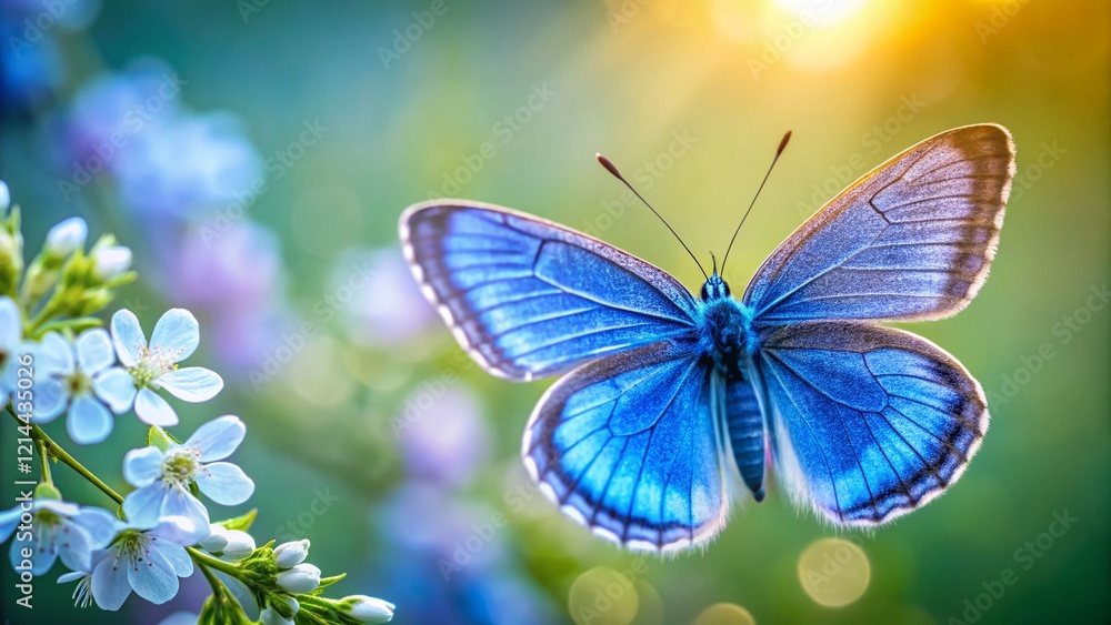 Majestic Blue Butterfly on Flower, Copy Space, Nature Photography Majestic Blue Butterfly on Flower, Copy Space, Nature Photography