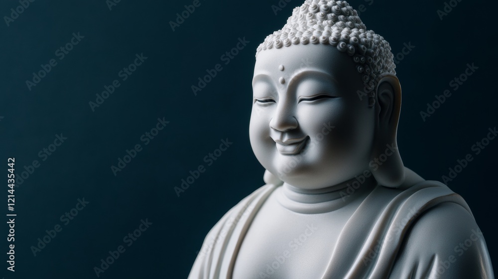 Close-up of a white Buddha statue smiling with closed eyes, conveying peace and serenity against a dark blue backdrop Close-up of a white Buddha statue smiling with closed eyes, conveying peace and serenity against a dark blue backdrop