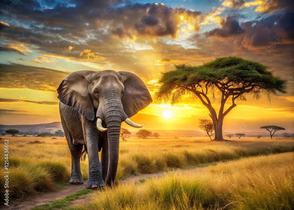 Fototapeta premium Majestic Bull Elephant Walking in African Savanna - Wildlife Photography