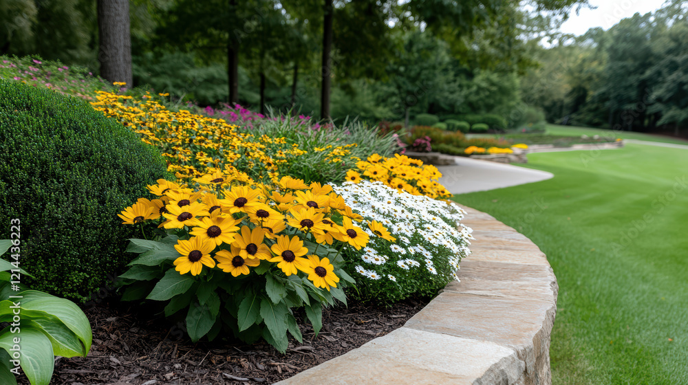 Obraz premium Vibrant garden scene with colorful flowers and lush greenery