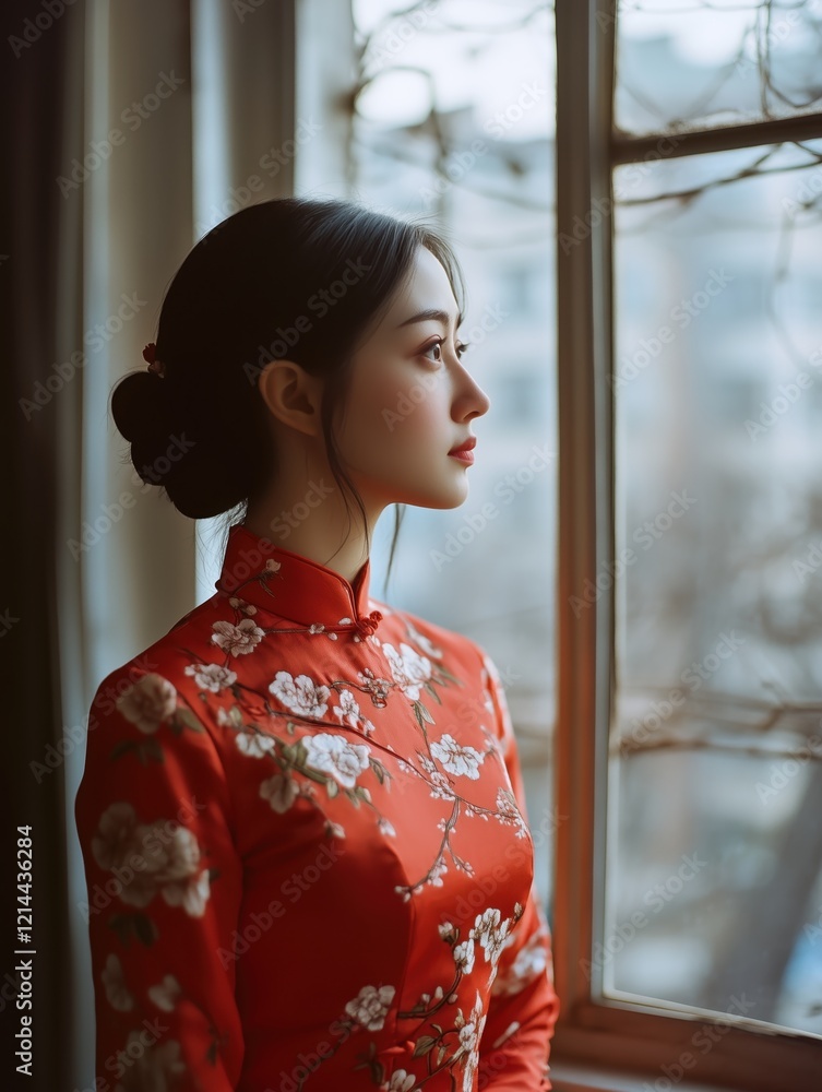 Fototapeta premium Elegant chinese woman in red qipao celebrating chinese new year indoor portrait cultural heritage stylish viewpoint