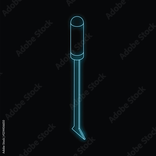Glowing awl on black background, isometric view of tool for piercing holes in leather