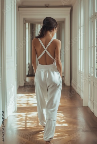 Elegant brunette woman walking in corridor, wearing white sweatpants and open-back top, shot from behind. Luxury apartment in Paris, with natural light and minimalistic aesthetic