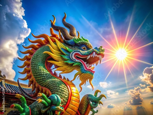 Wallpaper Mural Majestic Chinese Dragon Statue Against a Vibrant Blue Sky - Stock Photo Torontodigital.ca